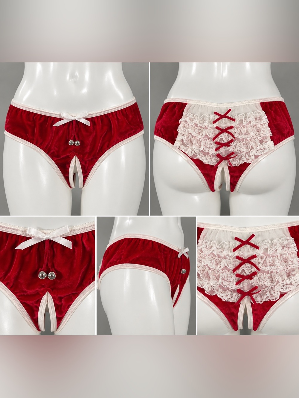 Frederick’s of Hollywood Red Velvet Crotchless Panties Lace Bells M NWOT